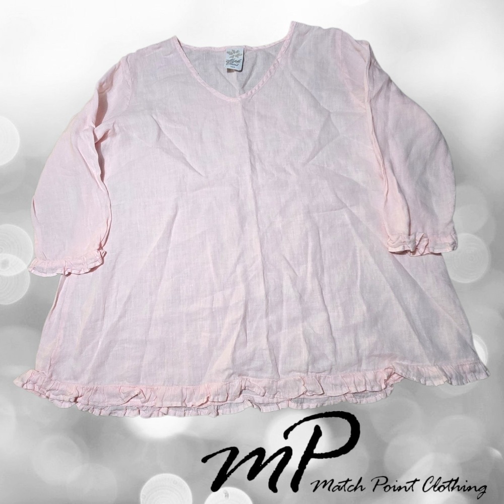 Match Point USA Linen Lagenlook Oversized Ruffle Hem Tunic Top Pink M